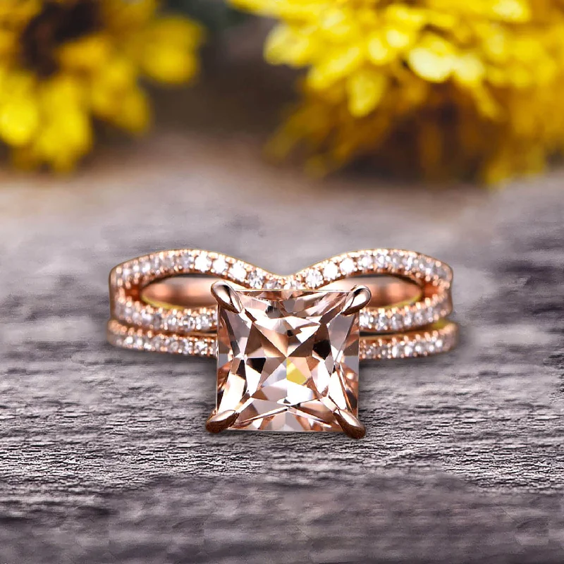 pear cut engagement rings for women -1.75 Carat VS Morganite Wedding Ring Set Princess Cut 10k Rose Gold Engagement Ring Bridal Ring Loop Infinity Stacking Matching Band Staggering Shining Vintage Look