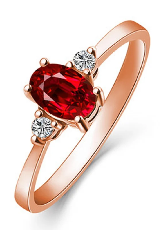 simple engagement rings for women -1 Carat Trilogy Ruby and Moissanite Diamond Engagement Ring in Rose Gold