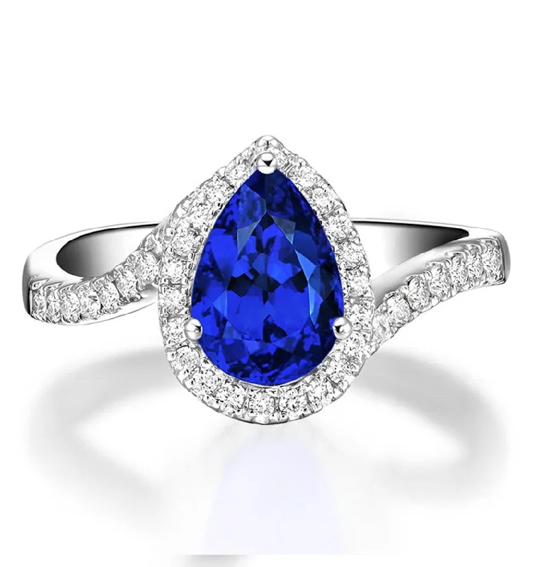 large solitaire engagement rings -1.50 Carat pear cut Sapphire and Moissanite Diamond curved Engagement Ring for Women in White Gold