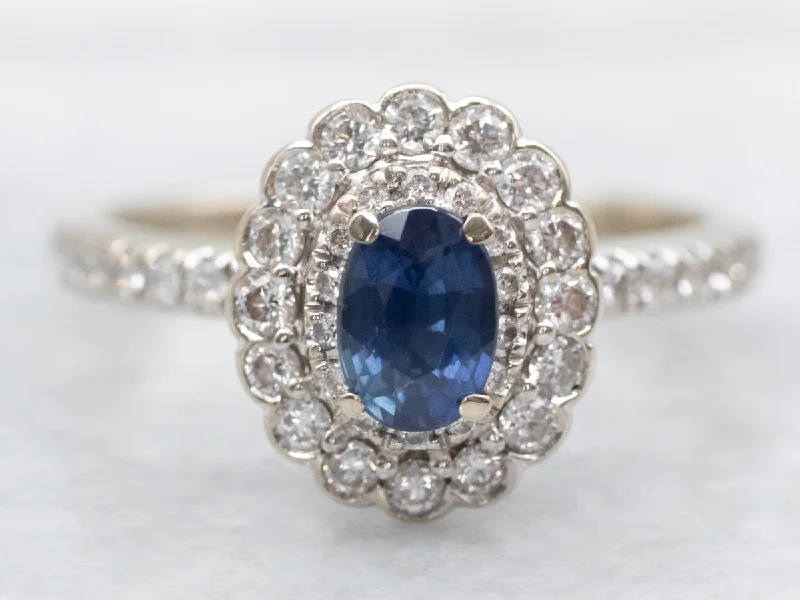 stylish engagement rings for women -Modern Sapphire and Diamond Halo Engagement Ring