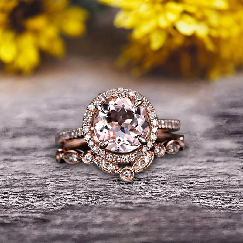 radiant engagement rings -Milgrain Art Deco 2 Carat Round Cut Morganite Engagement Ring On 10k Rose Gold Promise Ring Bridal Ring Set Halo Anniversary Gift