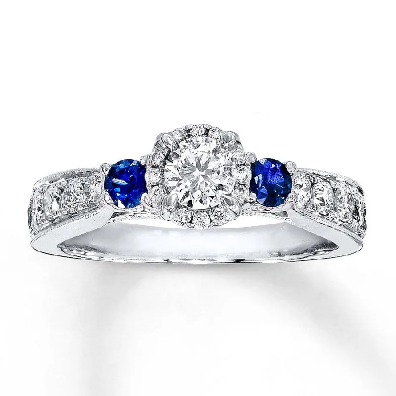 heart-shaped diamond engagement rings -1 Carat Round Moissanite Diamond and Sapphire Halo Engagement Ring in White Gold