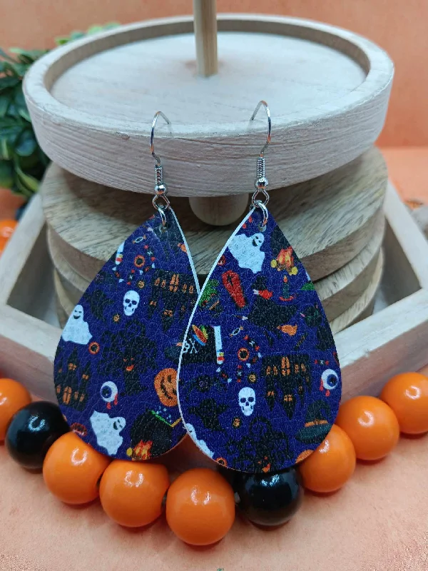 luxury diamond earrings for women -Blue Halloween Printed Leather Style Earrings w/ Ghosts, Haunted Houses, Skeleton, & More