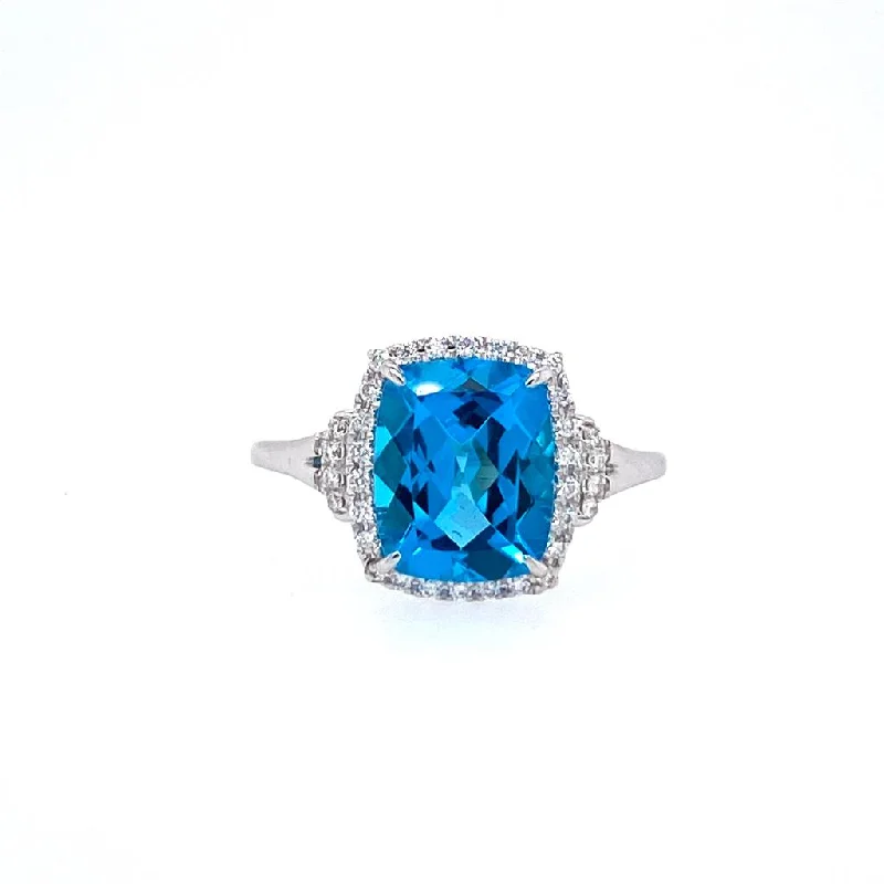 unique gemstone rings for women -14K White Gold 3.78ctw Blue Topaz & Diamond Halo Ring by Bellarri