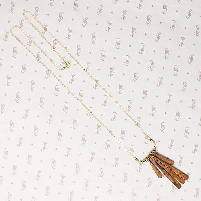 sparkling crystal necklaces for women -Warm Wood & Brass Fringe Necklace by Brin