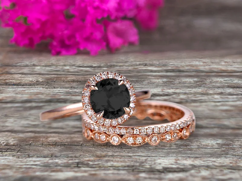 wedding set engagement rings -10k Rose Gold 1.75 Carat Round Cut Black Diamond Moissanite Engagement Rings With Two Matching Wedding Band Moissanite Diamonds Halo Design Art Deco