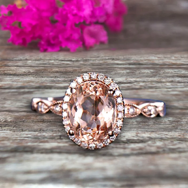 sapphire engagement rings for women -Oval Cut 1.50 Carat Morganite Engagement Ring Solid 10k Rose Gold Moissanite Halo Anniversary Ring