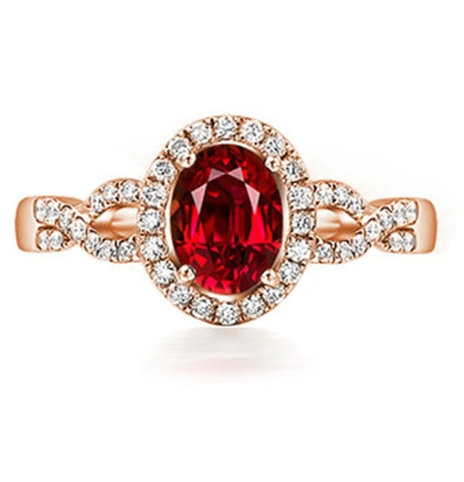 women’s unique gemstone engagement rings -1 Carat Halo Ruby and Moissanite Diamond Engagement Ring in Rose Gold