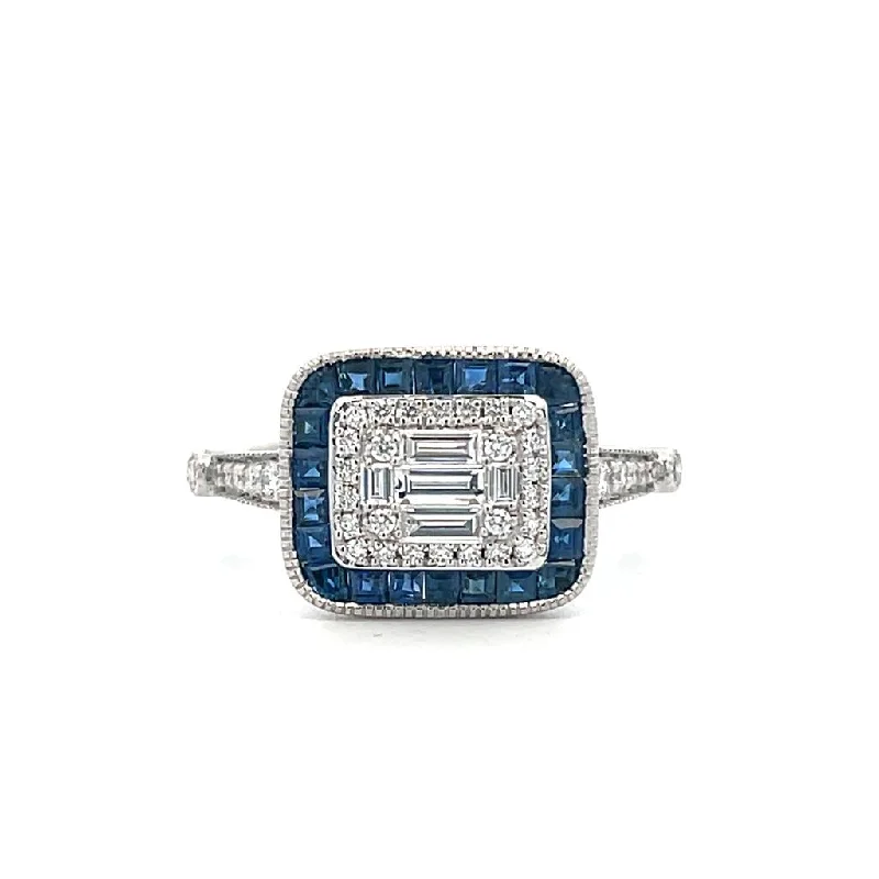 minimalistic rings for women -14K White Gold 1.24ctw Diamond & Blue Sapphire Antique Style Ring