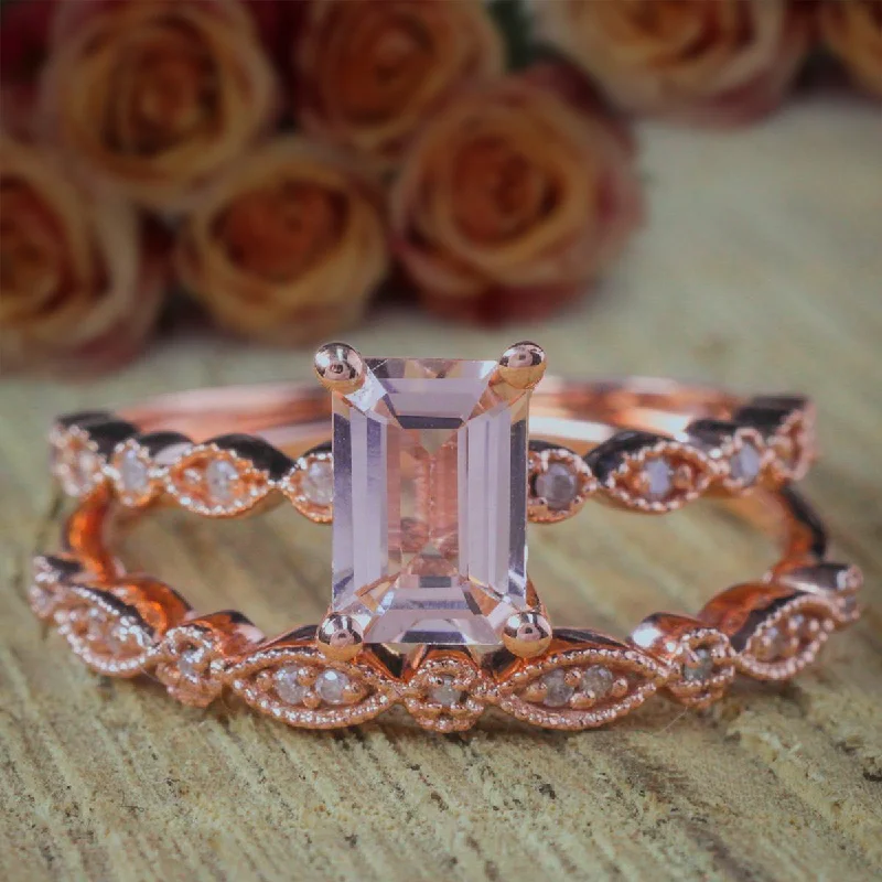 mixed metal engagement rings -Art Deco 1.50 Carat Emerald Cut Morganite And Moissanite Diamond Bridal Ring Set Engagement Ring Set in 10k Rose Gold