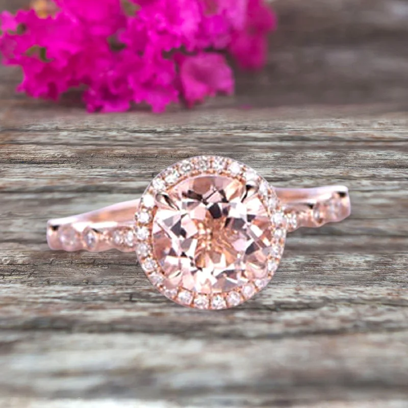 women’s unique gemstone engagement rings -1.50 Carat Round Cut Morganite Ring Engagement Ring Promise Ring Anniversary Ring 10k Rose Gold Pink Gem Stone Art Deco