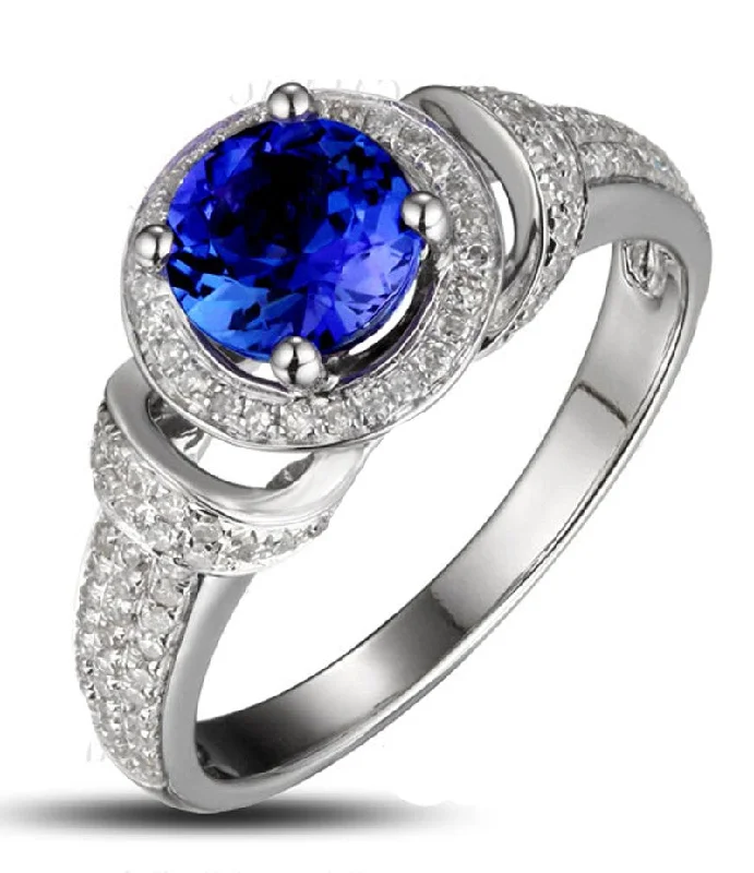 high-end engagement rings -Vintage 1.50 Carat Blue Sapphire and Moissanite Diamond Art Nouveau Engagement Ring in 10k White Gold