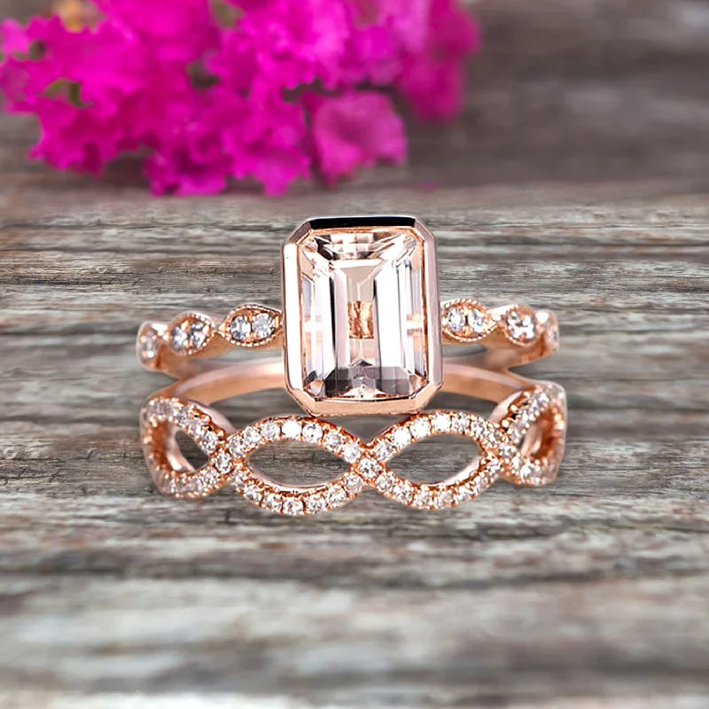 platinum diamond engagement rings -Glaring 1.50 Carat Morganite Engagement Ring Solid 10k Rose Gold Promise Ring for bride loop curved Wedding Band Custom Made Sparkling Jewelry