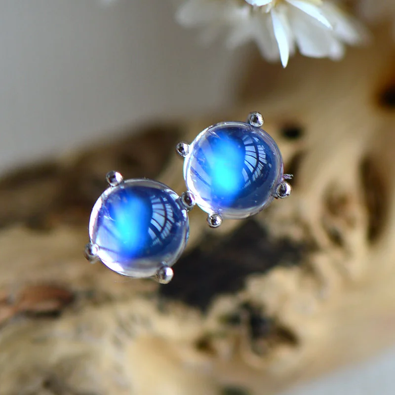 artistic earrings for women -Moonstone Stud Earrings in White Gold Plated Sterling Silver Handmade Jewelry Women