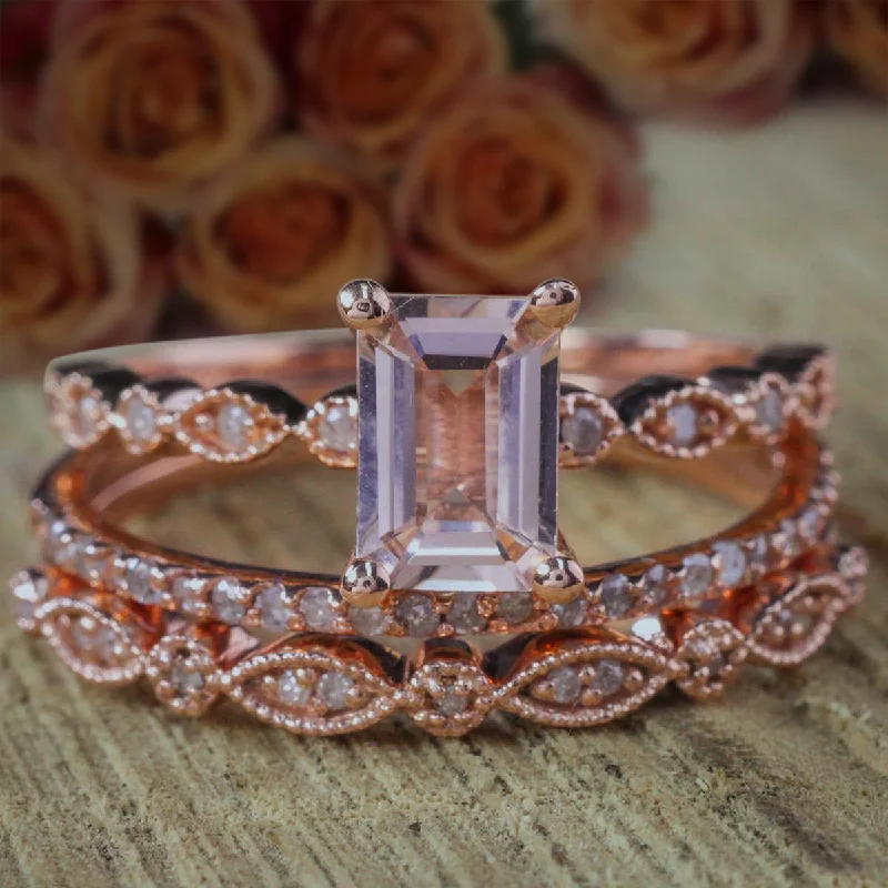 women’s engagement rings with emeralds -Emerald Cut 2 Carat Morganite And Diamond Moissanite Trio Ring Set in 10k Rose Gold Engagement Ring With Two Matching Bands