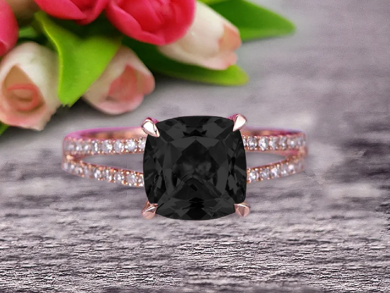 designer engagement rings -Cushion Cut 1.25 Carat Black Diamond Moissanite Engagement Ring Promise Ring 10k Rose Gold Stacking Band Art Deco Anniversary Gift