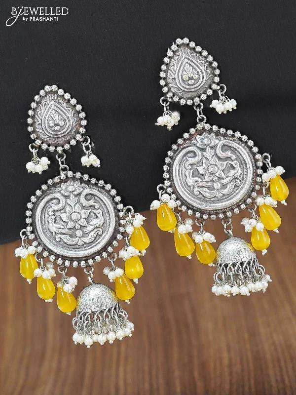 elegant earrings for women -Oxidised floral design earring with yellow monalisa beads hangings