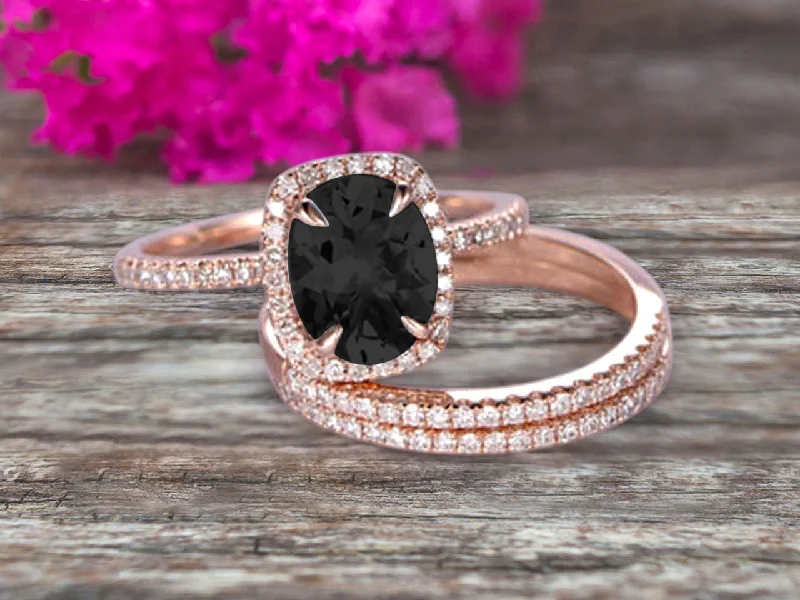 women’s engagement ring sets -2 Carat Oval Cut Black Diamond Moissanite Engagement Ring 10k Rose Gold With Matching Band