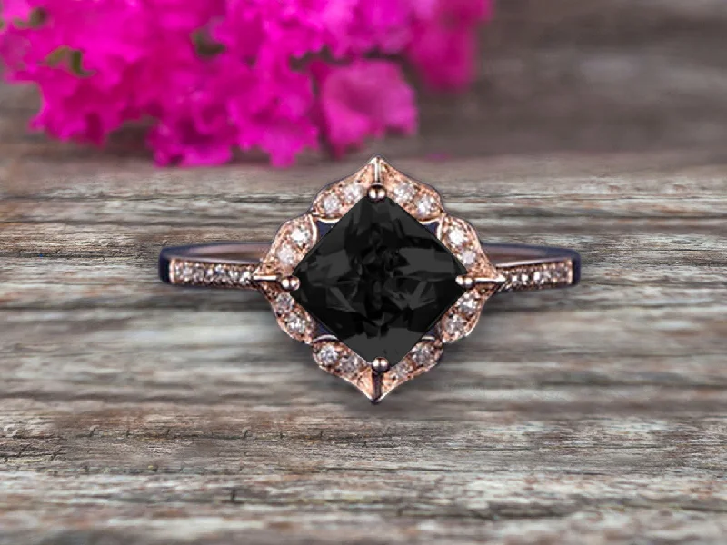 two-tone engagement rings -1.5 Carat Princess Cut Black Diamond Moissanite Engagement Ring On 10k Rose Gold Wedding Ring Art Retro Vintage Looking