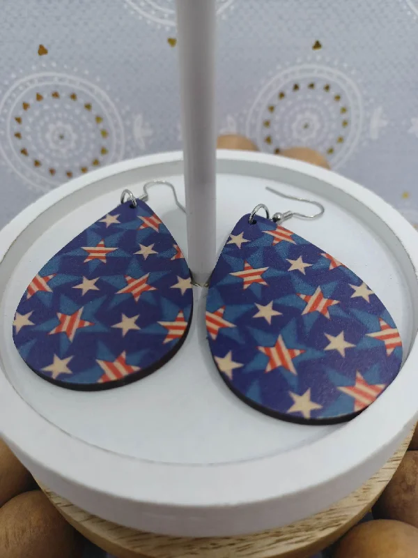 colorful earrings for women -Wooden Red, White, & Blue Earrings w/ Stars