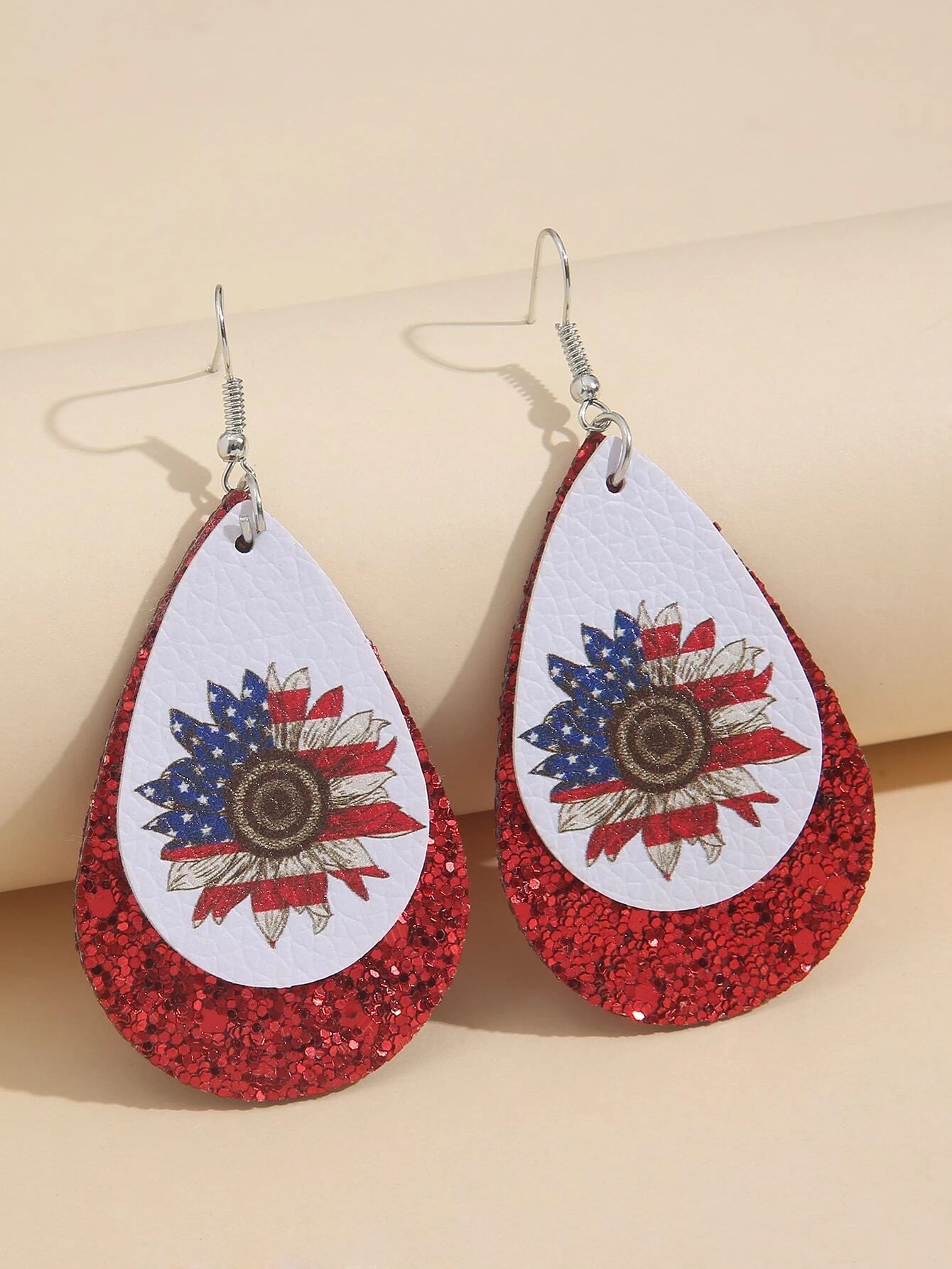 women’s crystal stud earrings -Red Glitter & USA Sunflower Flag Leather Style Earrings